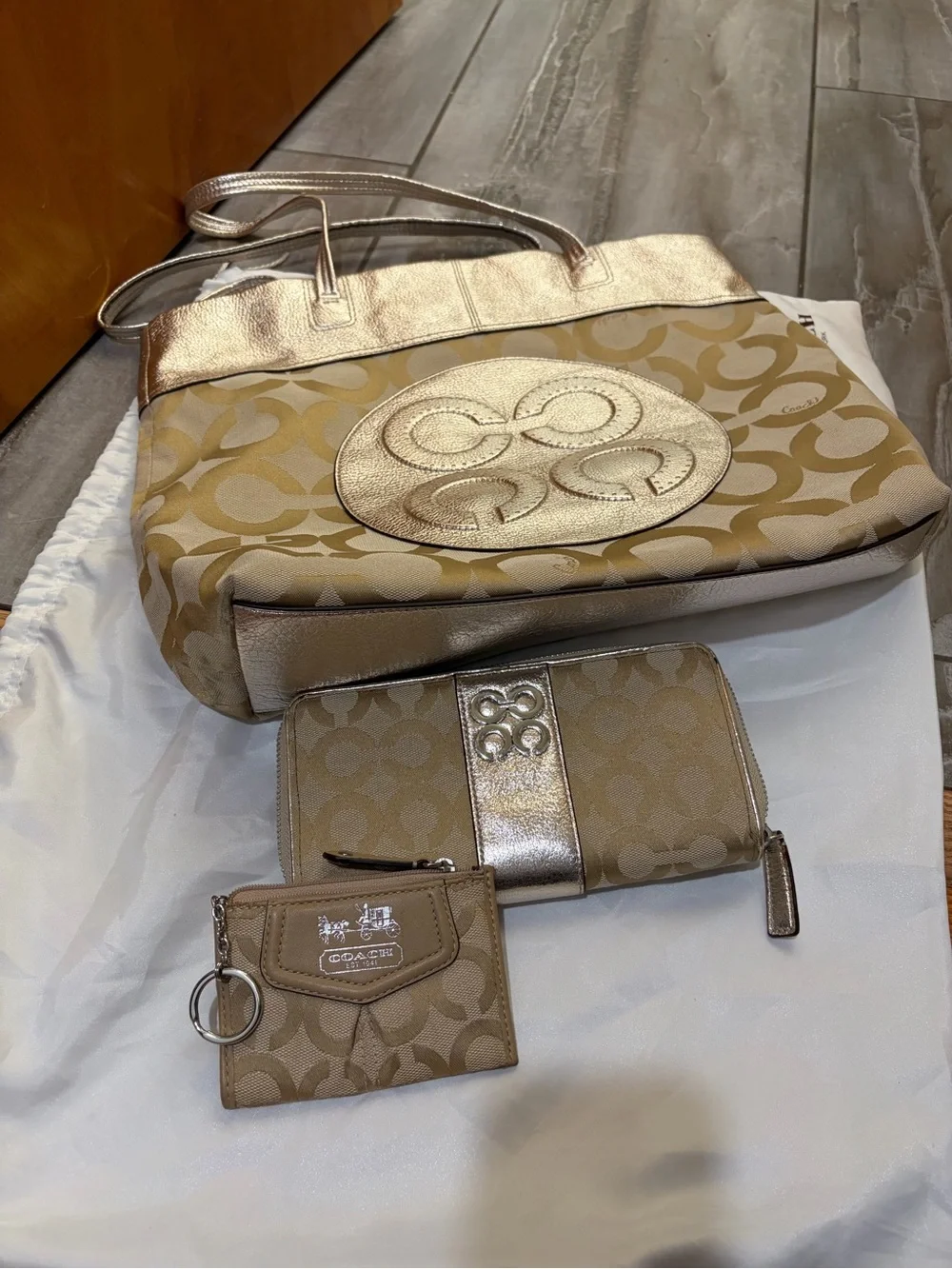 Coach Metallic Gold and Tan Signature Tote with Matching Wallet & Card Case